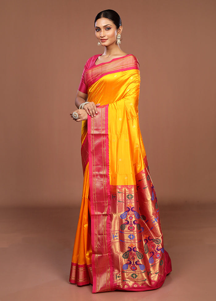 Yellow Handloom Kanjivaram Pure Silk Saree With Blouse Piece