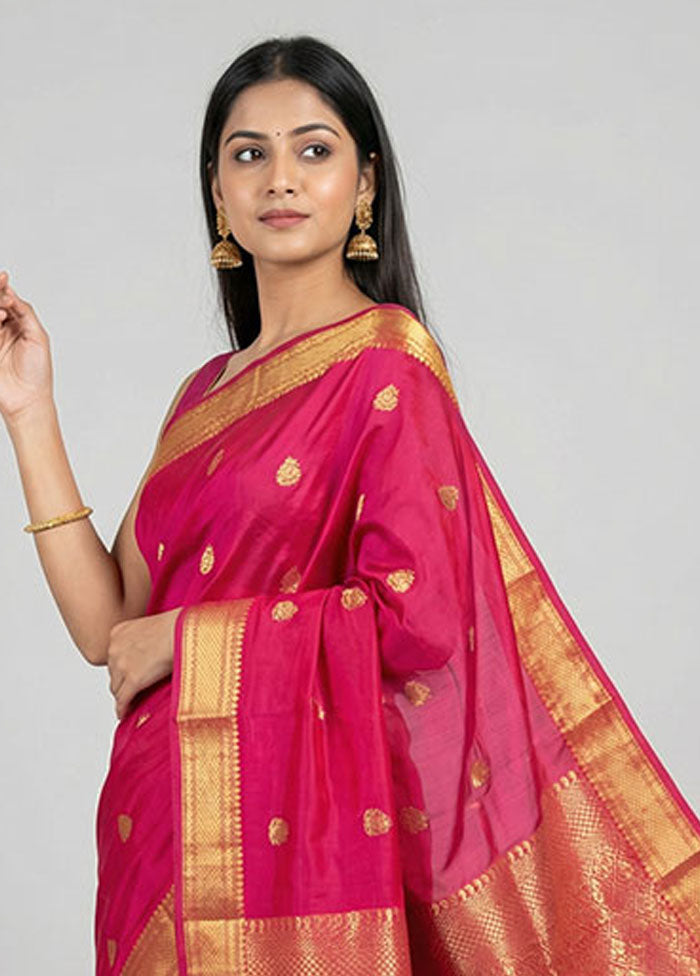 Pink Kanjivaram Silk Saree With Blouse Piece
