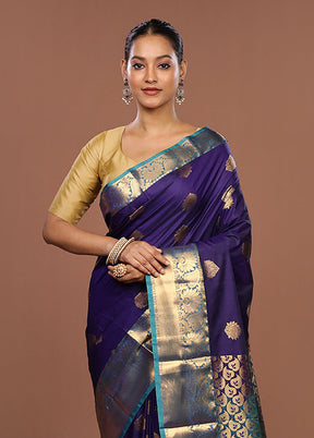 Blue Kanjivaram Silk Saree With Blouse Piece