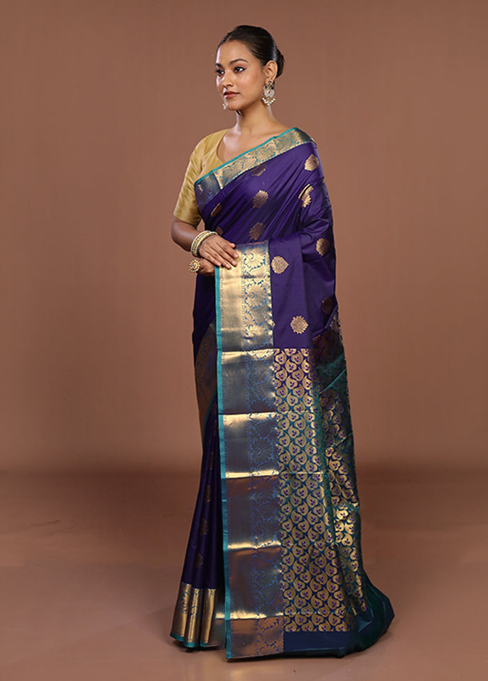 Blue Kanjivaram Silk Saree With Blouse Piece