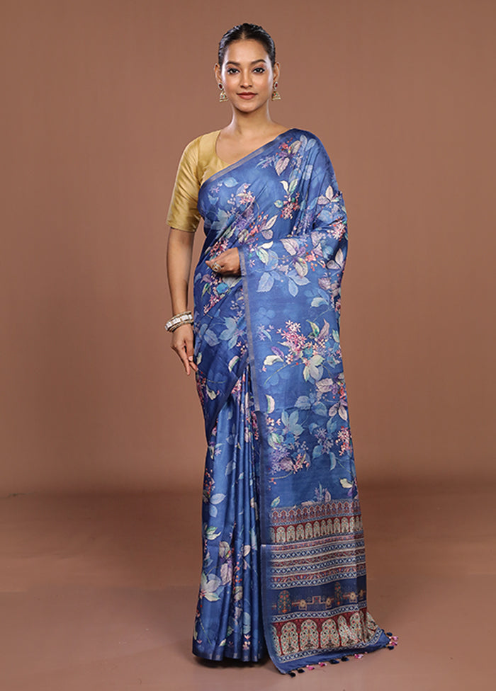 Blue Tussar Silk Saree With Blouse Piece