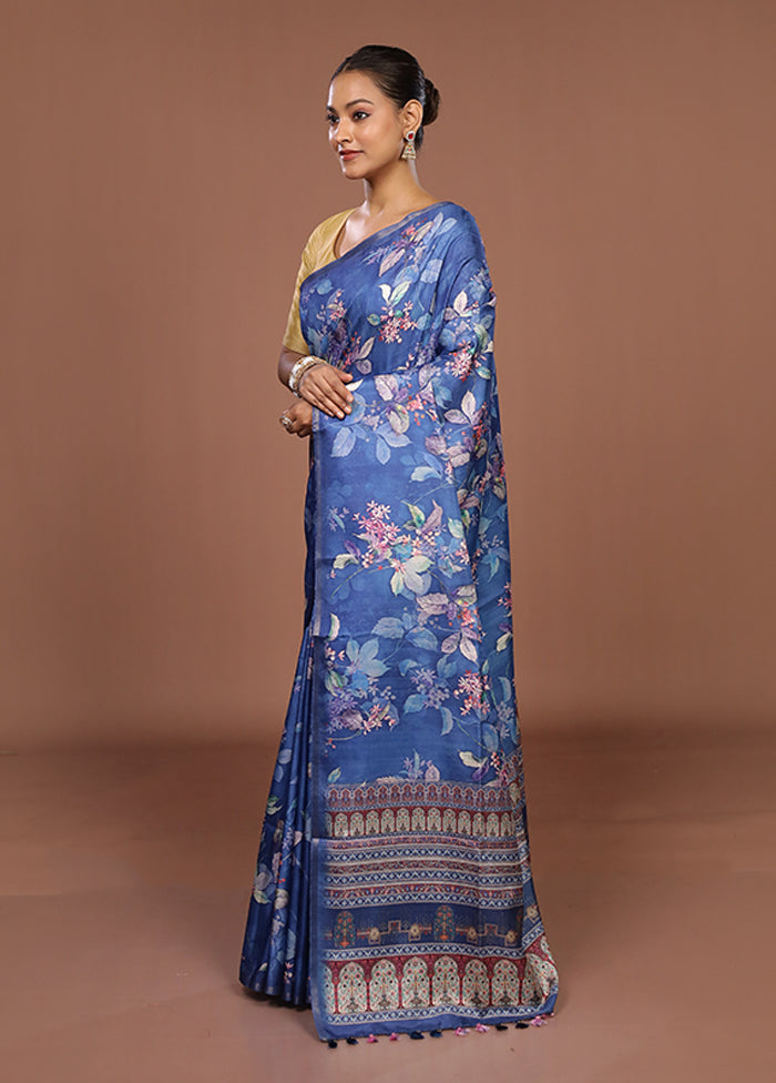 Blue Tussar Silk Saree With Blouse Piece