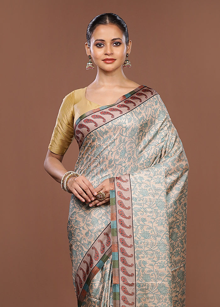 Cream Tussar Silk Saree With Blouse Piece