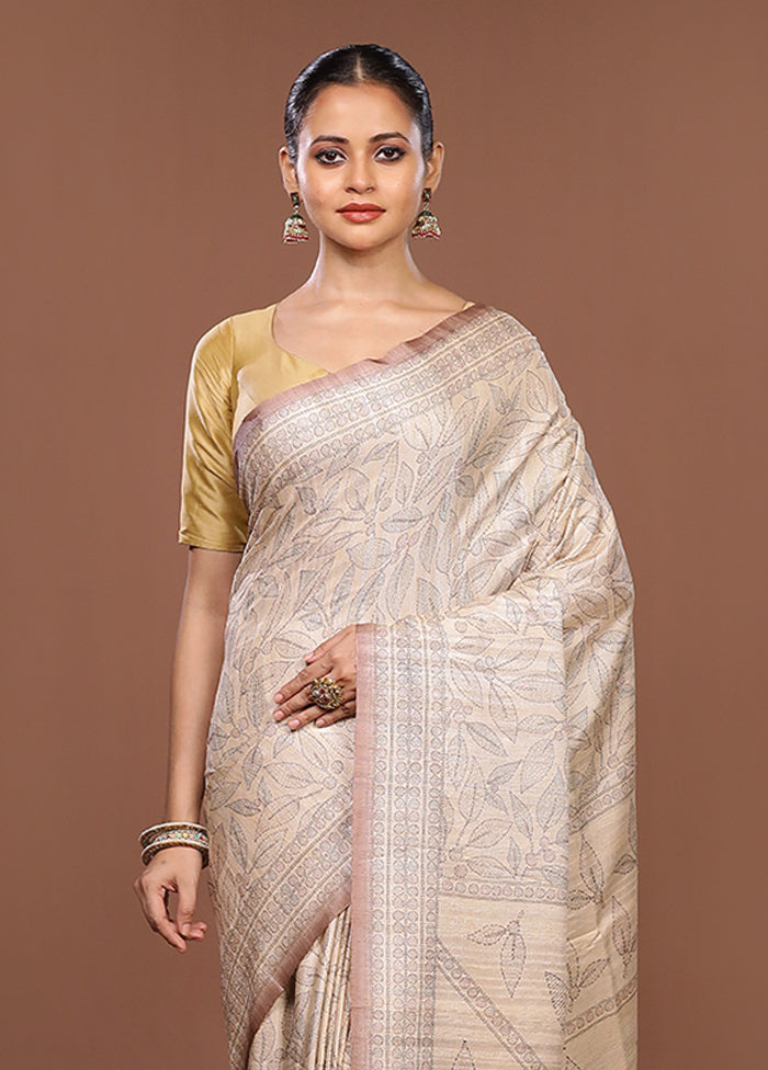 White Tussar Silk Saree With Blouse Piece