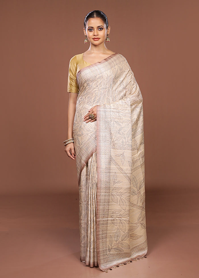White Tussar Silk Saree With Blouse Piece
