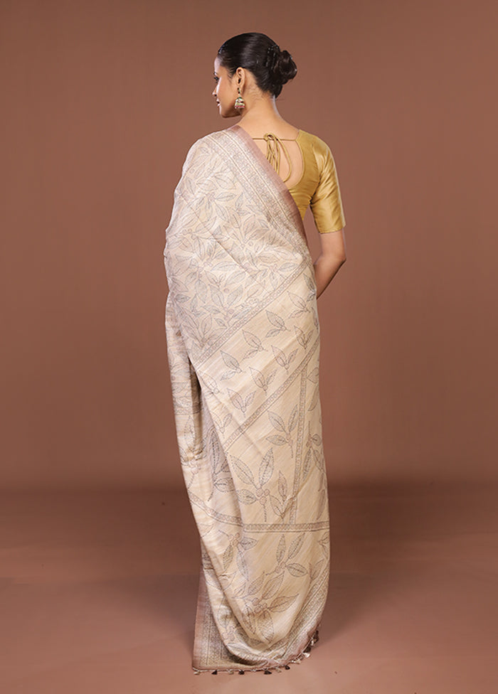 White Tussar Silk Saree With Blouse Piece