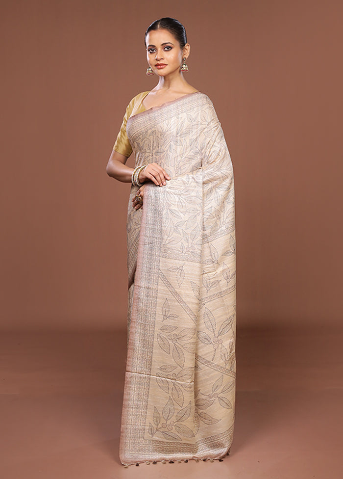 White Tussar Silk Saree With Blouse Piece