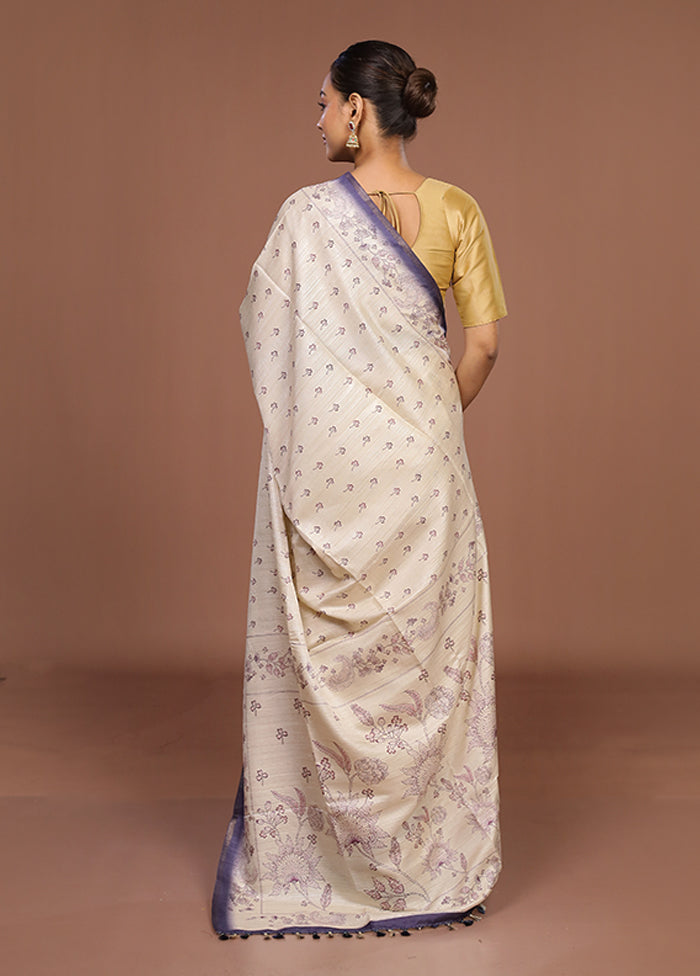 White Tussar Silk Saree With Blouse Piece