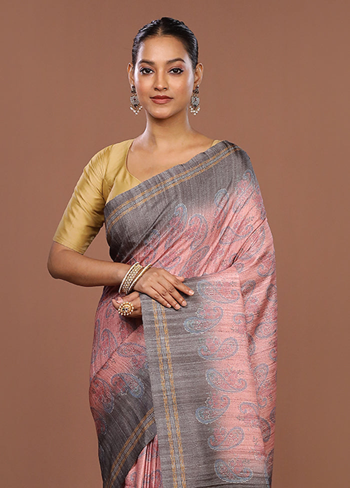 Pink Tussar Silk Saree With Blouse Piece