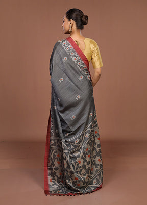Grey Tussar Silk Saree With Blouse Piece