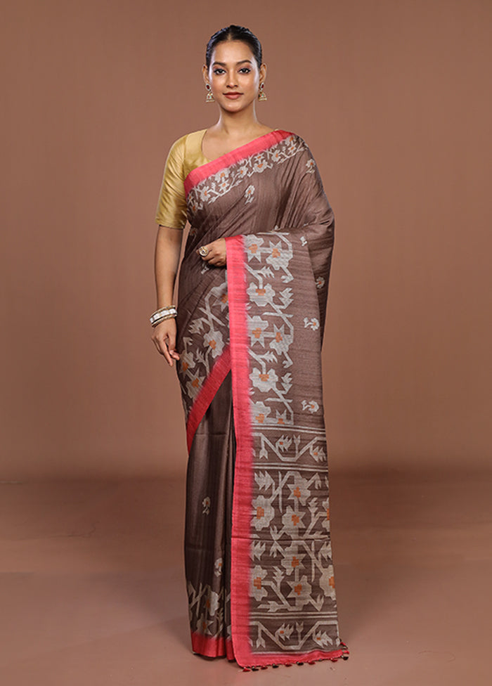 Rust Tussar Silk Saree With Blouse Piece