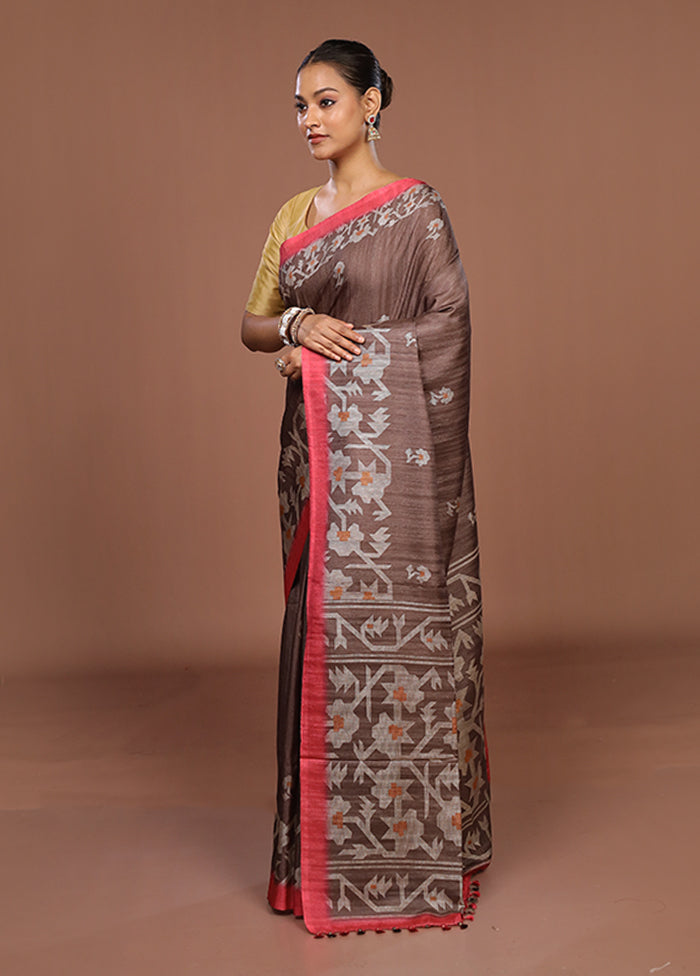 Rust Tussar Silk Saree With Blouse Piece