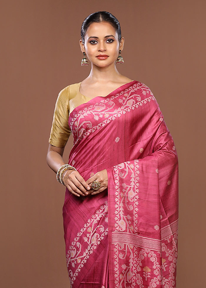Pink Tussar Silk Saree With Blouse Piece