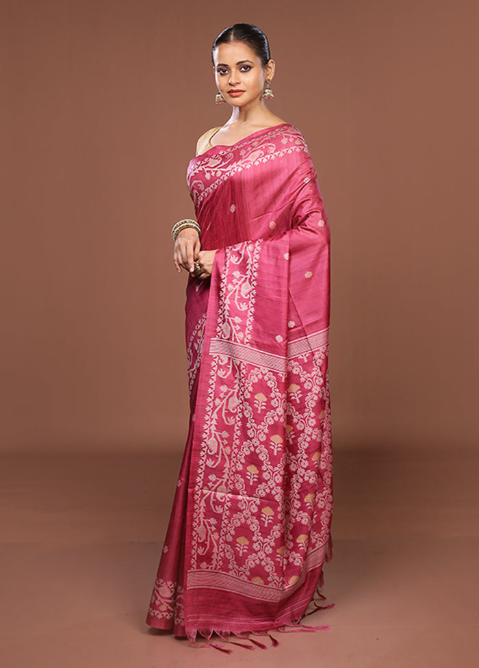 Pink Tussar Silk Saree With Blouse Piece