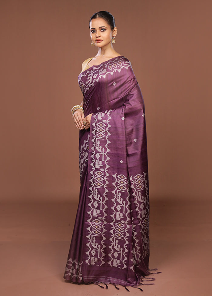 Purple Tussar Silk Saree With Blouse Piece