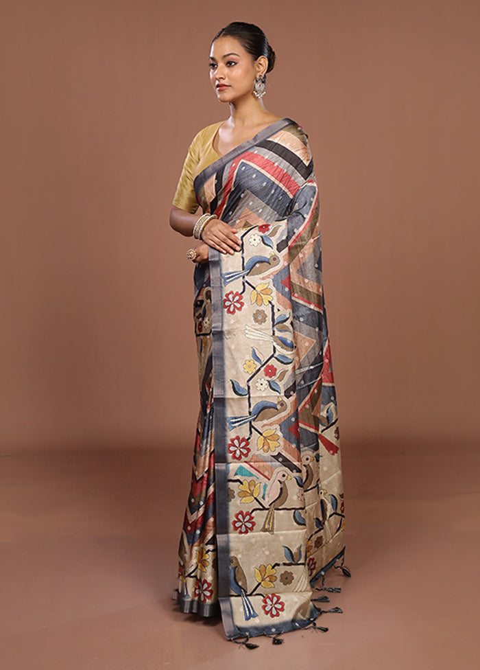 Cream Tussar Silk Saree With Blouse Piece