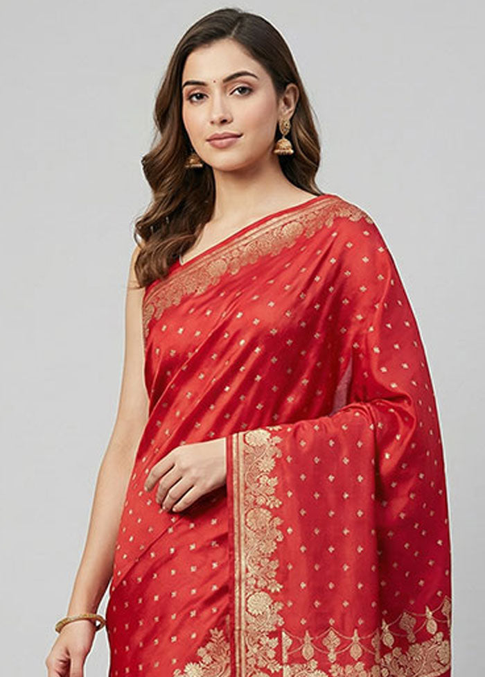 Red Banarasi Silk Saree With Blouse Piece