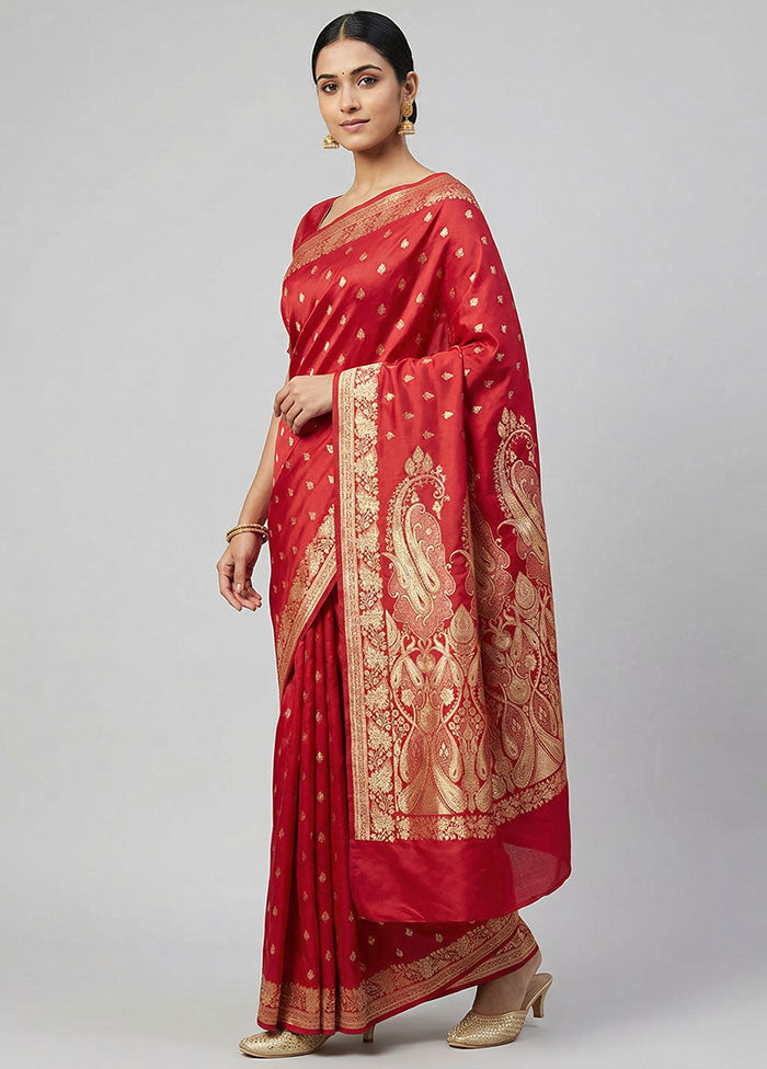 Red Banarasi Silk Saree With Blouse Piece