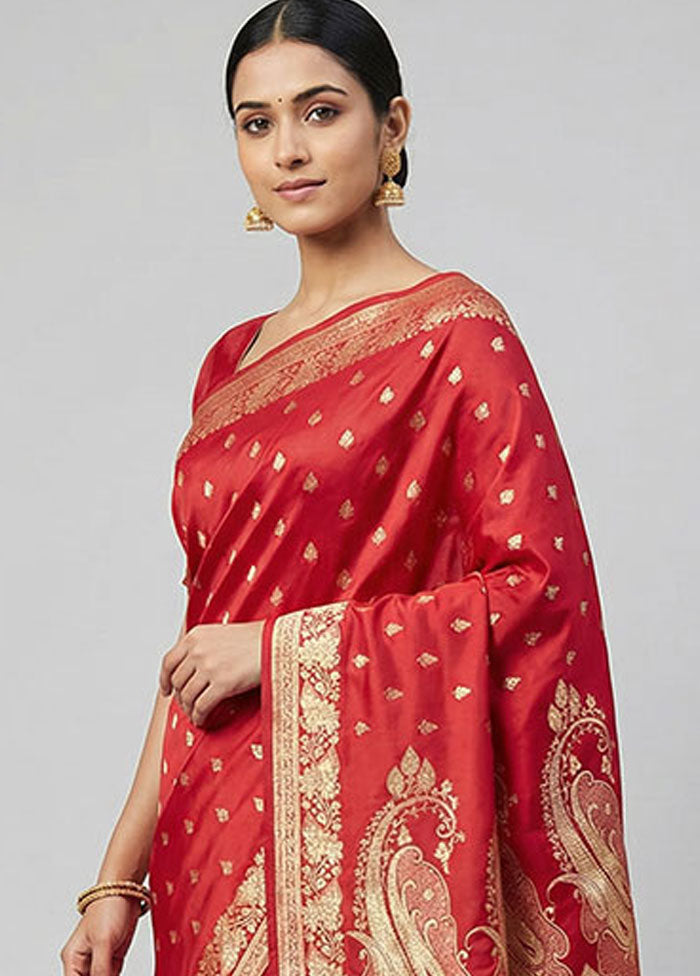 Red Banarasi Silk Saree With Blouse Piece