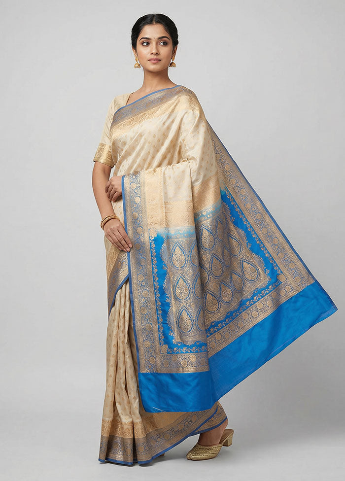 White Banarasi Silk Saree With Blouse Piece