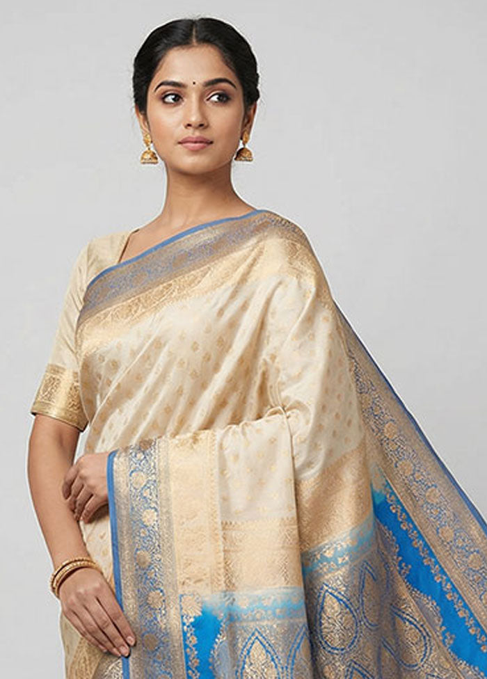 White Banarasi Silk Saree With Blouse Piece