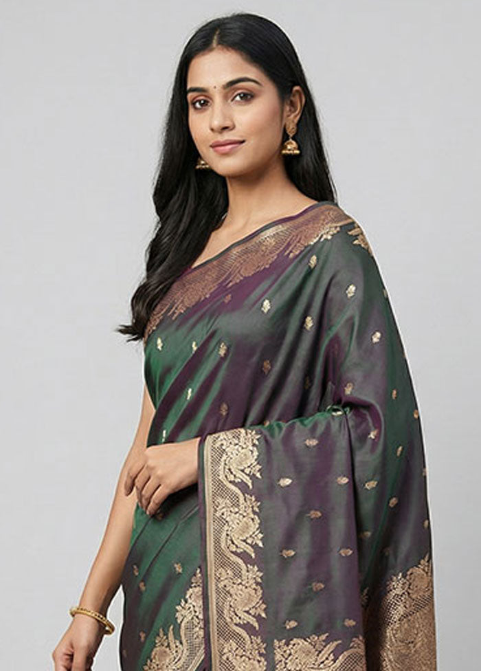 Green Banarasi Silk Saree With Blouse Piece