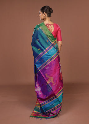 Multicolor Handloom Kanjivaram Pure Silk Saree With Blouse Piece