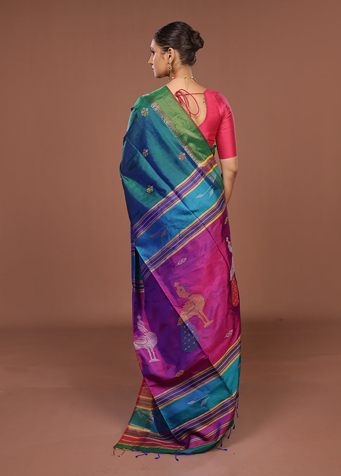 Multicolor Handloom Kanjivaram Pure Silk Saree With Blouse Piece