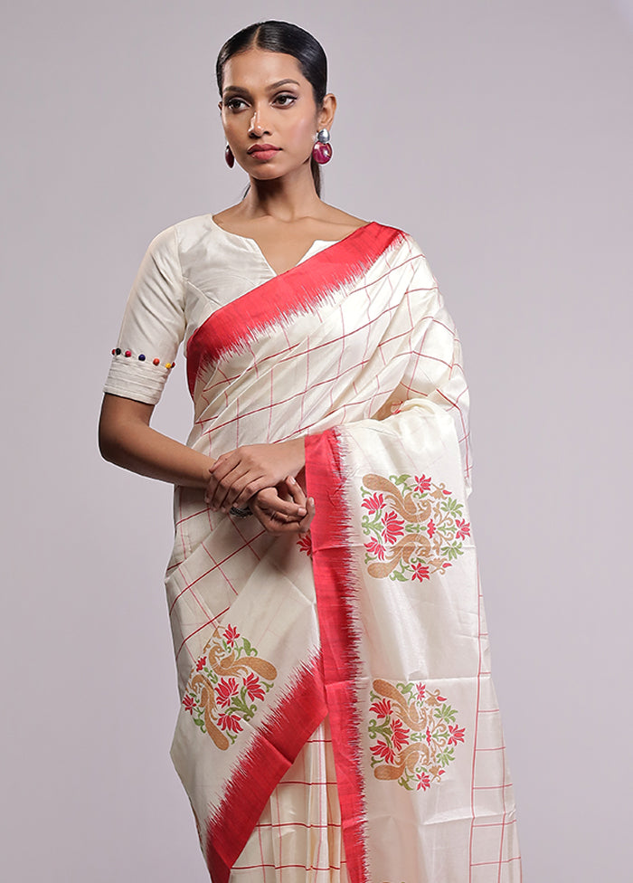 White Dupion Silk Saree With Blouse Piece