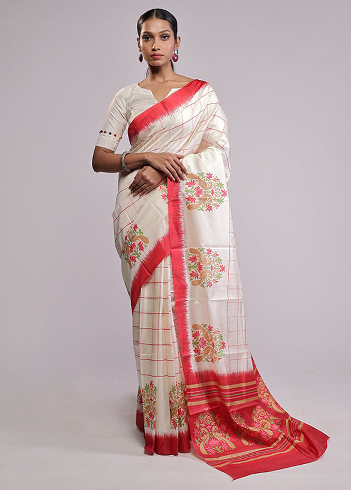 White Dupion Silk Saree With Blouse Piece