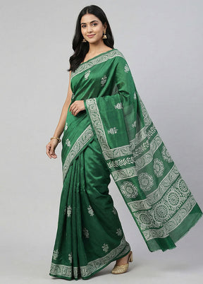 Green Printed Silk Saree Without Blouse Piece