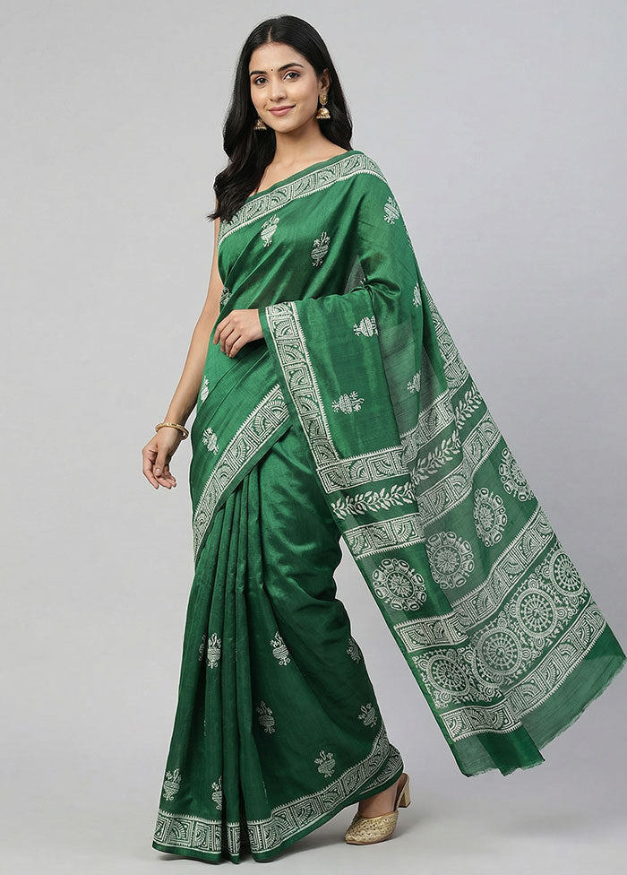 Green Printed Silk Saree Without Blouse Piece