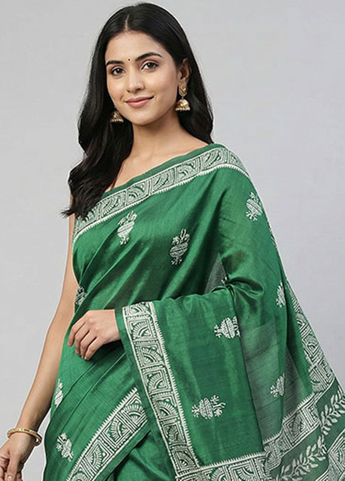 Green Printed Silk Saree Without Blouse Piece