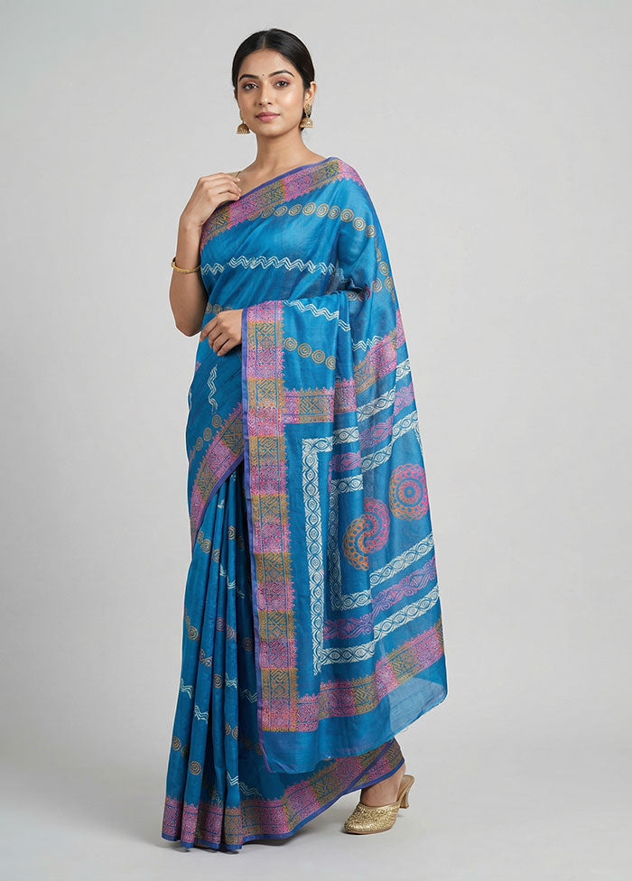 Blue Printed Silk Saree Without Blouse Piece