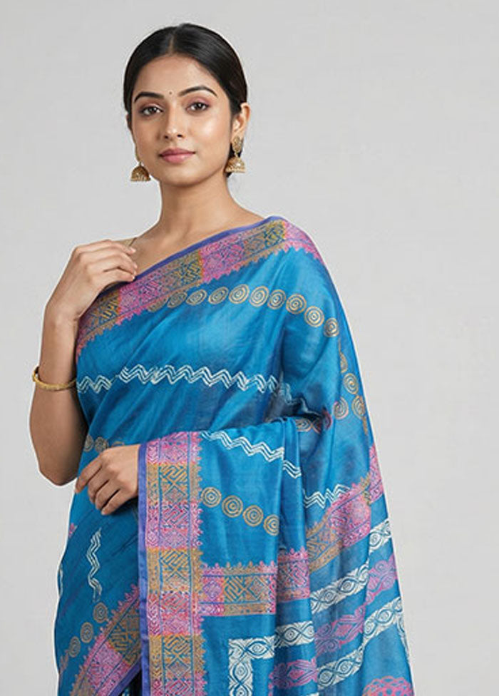 Blue Printed Silk Saree Without Blouse Piece