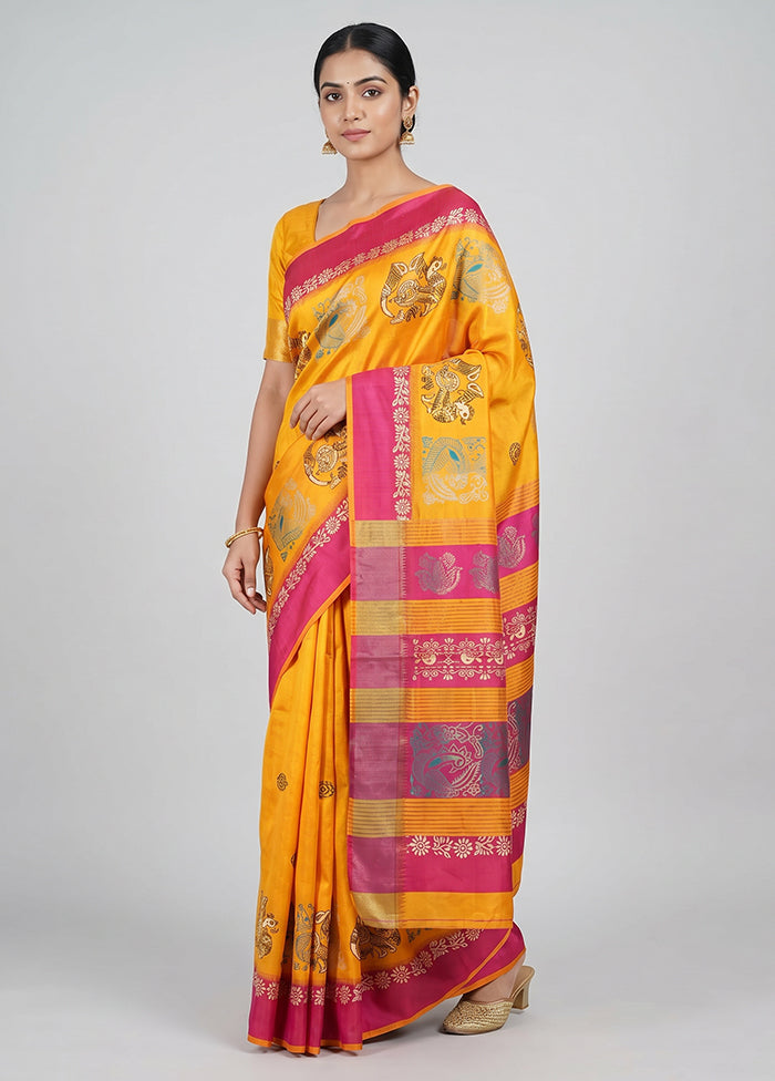 Yellow Printed Silk Saree Without Blouse Piece