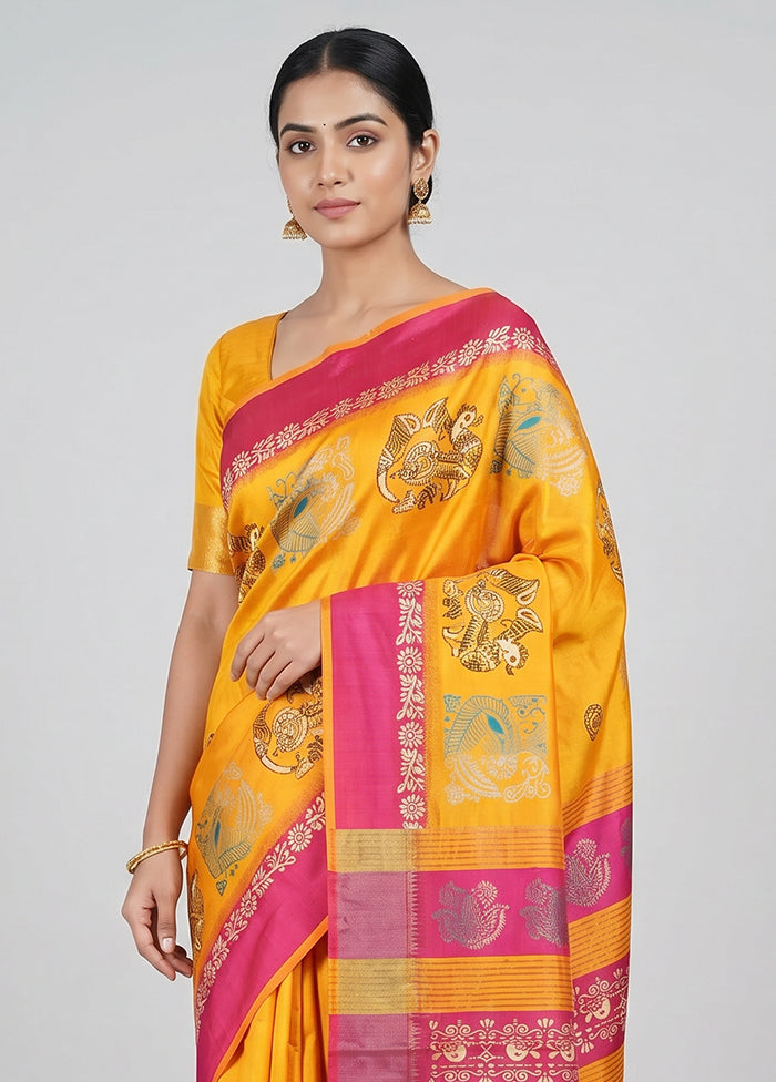 Yellow Printed Silk Saree Without Blouse Piece