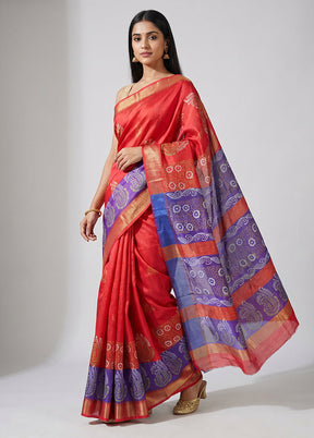 Red Printed Silk Saree Without Blouse Piece