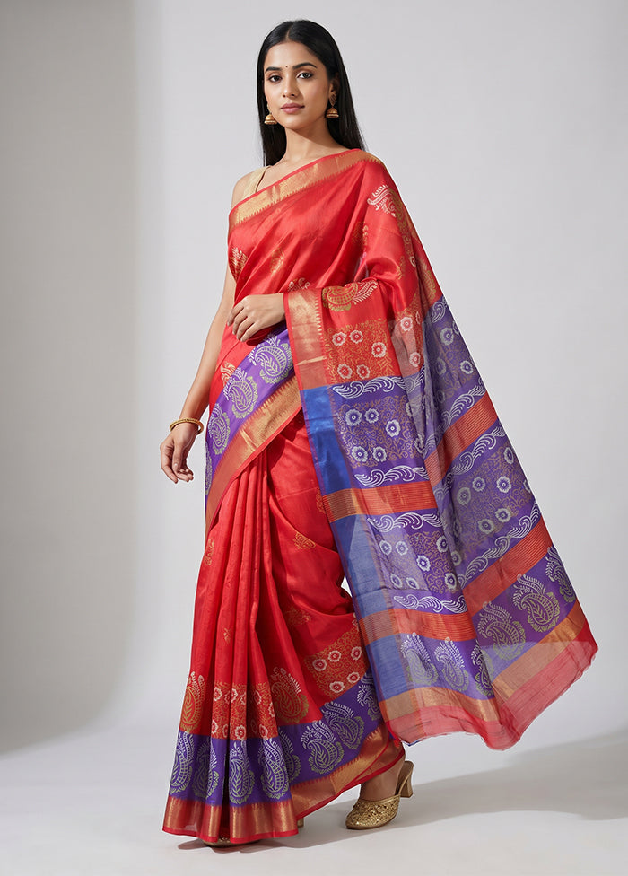 Red Printed Silk Saree Without Blouse Piece