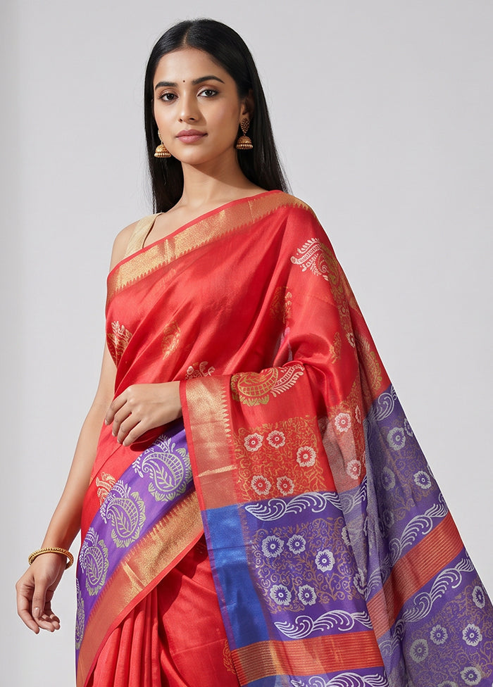 Red Printed Silk Saree Without Blouse Piece
