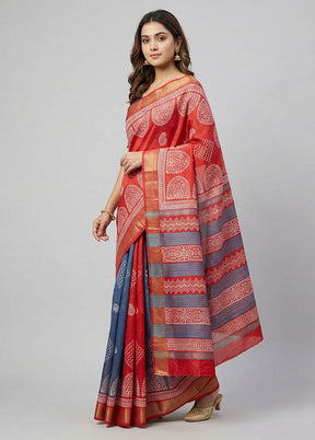 Red Printed Silk Saree Without Blouse Piece