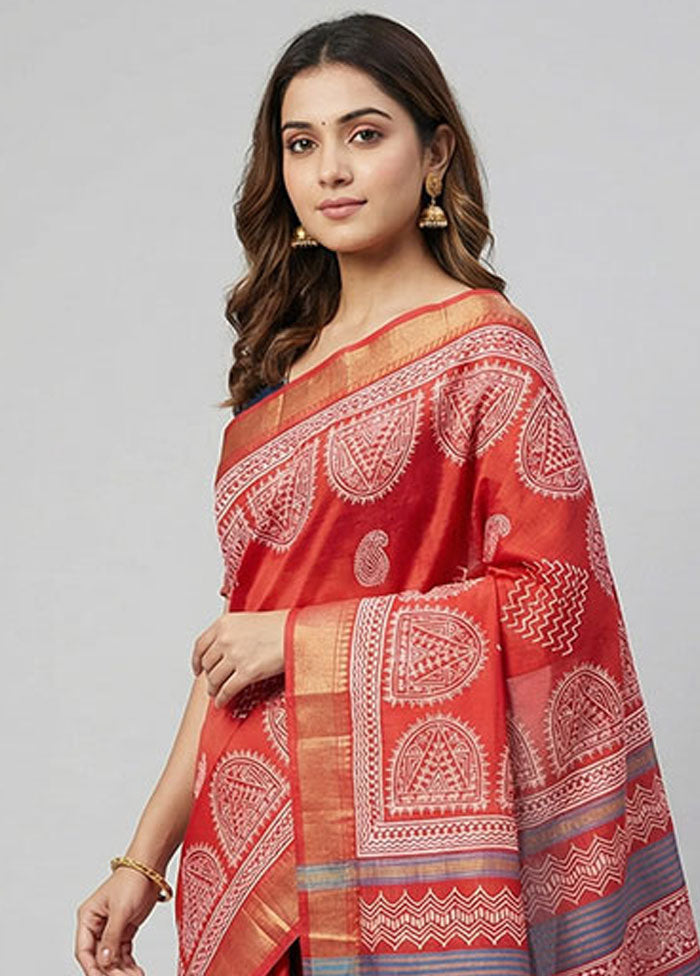 Red Printed Silk Saree Without Blouse Piece
