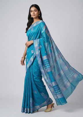 Blue Printed Silk Saree Without Blouse Piece