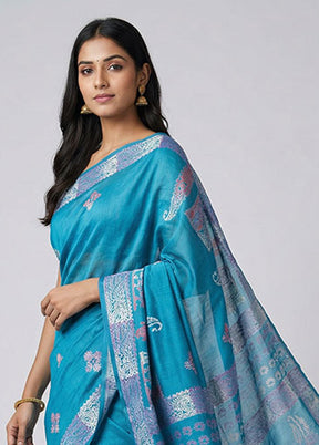 Blue Printed Silk Saree Without Blouse Piece