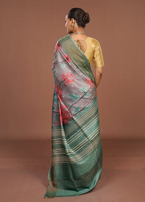 Grey Handloom Tussar Pure Silk Saree With Blouse Piece