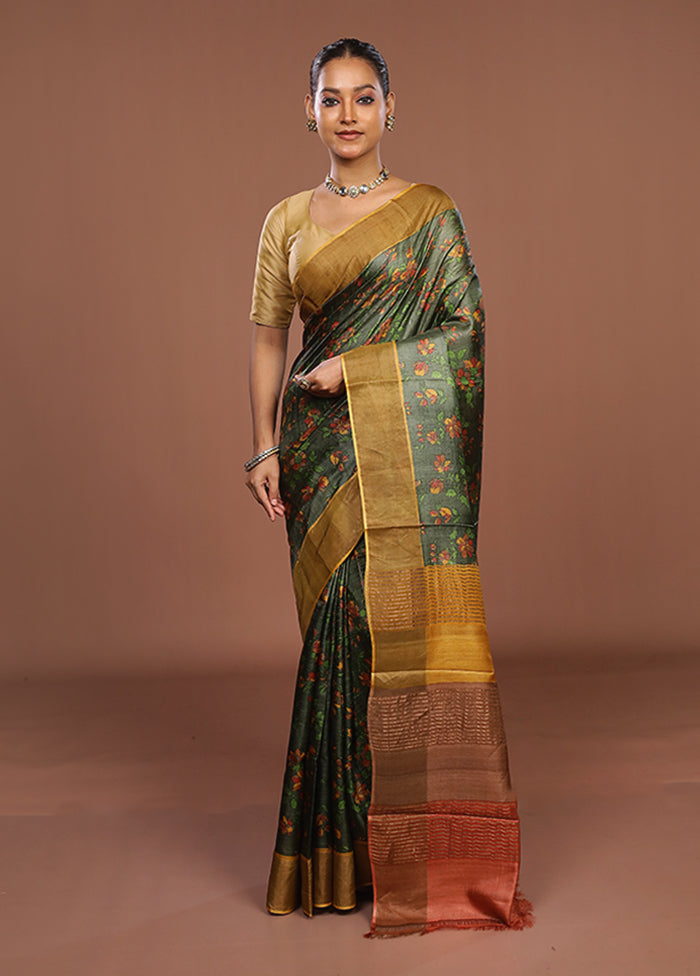 Green Handloom Tussar Pure Silk Saree With Blouse Piece