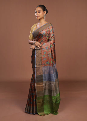 Brown Handloom Tussar Pure Silk Saree With Blouse Piece