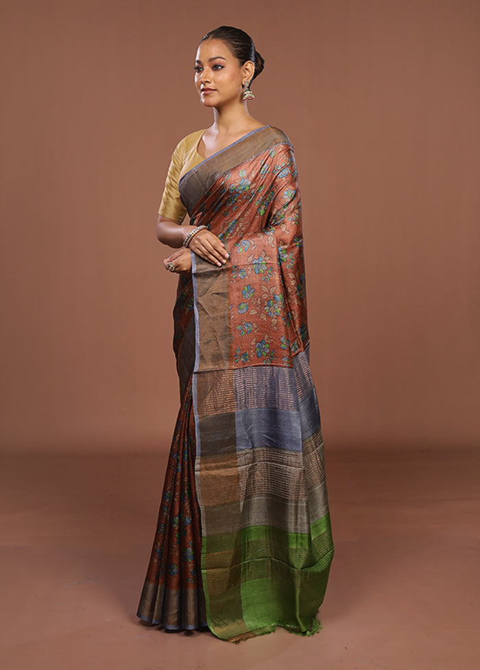 Brown Handloom Tussar Pure Silk Saree With Blouse Piece