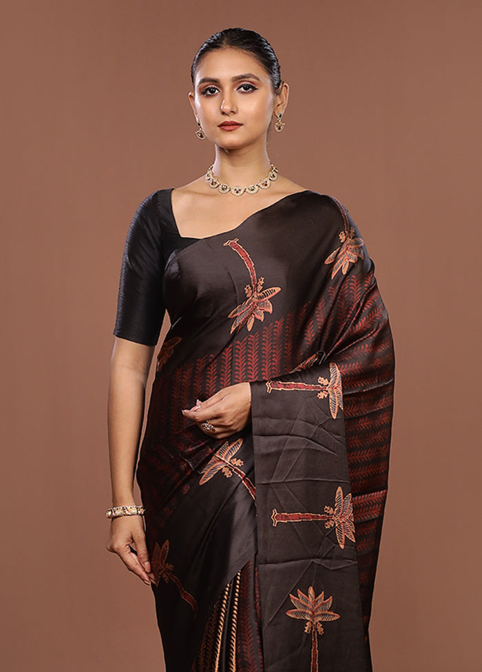 Black Printed Silk Saree Without Blouse Piece