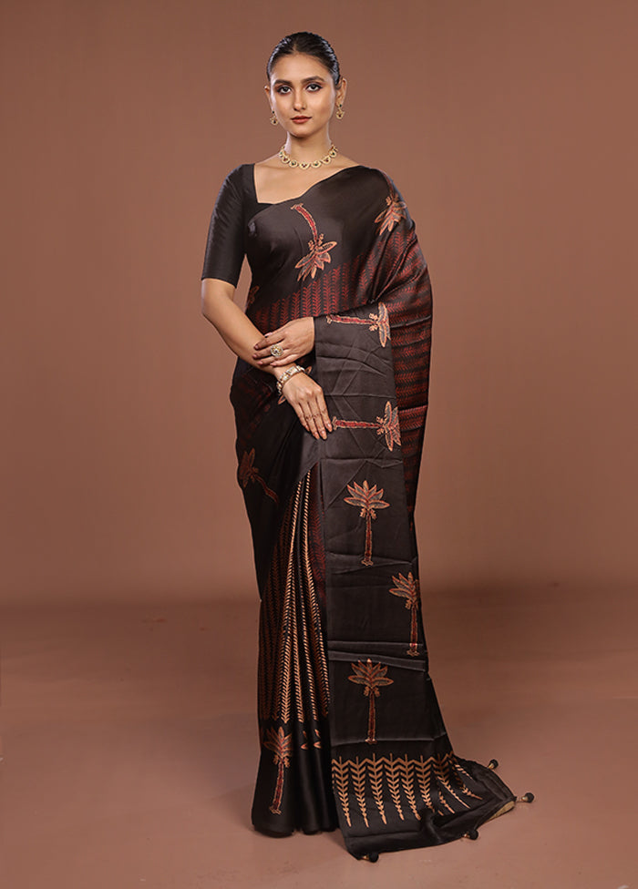 Black Printed Silk Saree Without Blouse Piece
